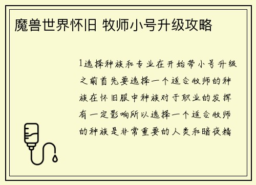 魔兽世界怀旧 牧师小号升级攻略